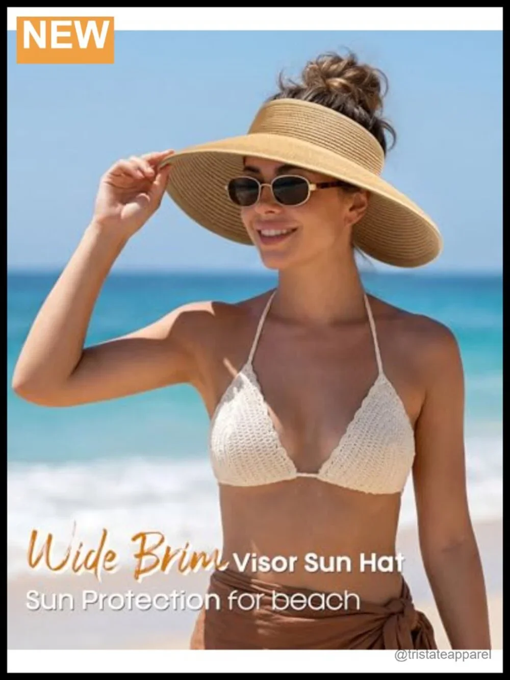 Wide Brim Straw Sun Visor Hat UPF 50+ Packable Ponytail Beach Accessory